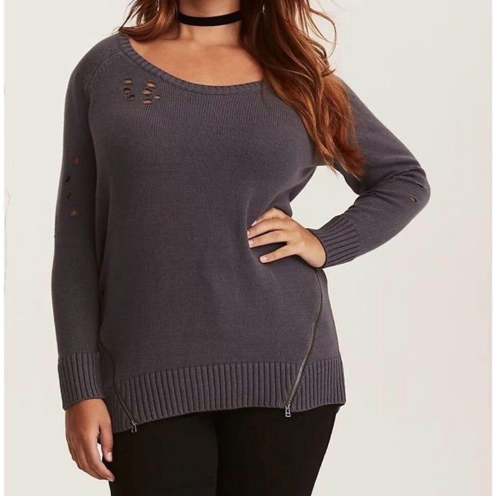 Torrid Womens Sweater Grey 3XL Knit Distressed Zip Sides Plus Size Boat Neck